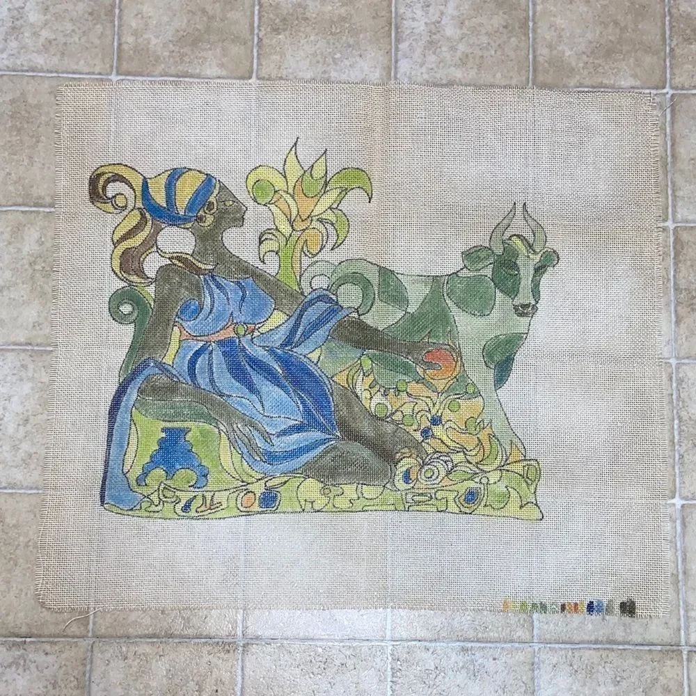 Abstract Reclining Woman and Cow Tapestry in Blue & Green